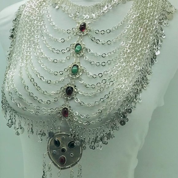 Multilayers Bib Necklace, Tribal Afghani Silver Kuchi Bib Necklace - Picture 3 of 13